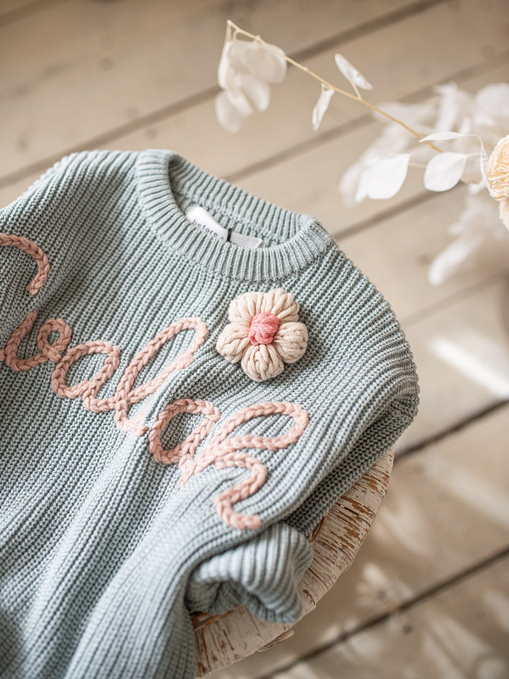 Written in Thread Sweater with Flower - Ash Blue