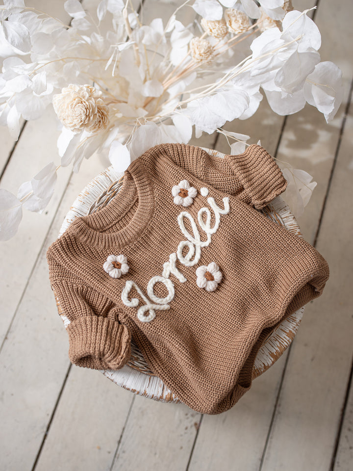 Written in Thread Sweater with Flowers - Cocoa