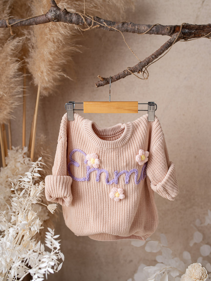 Written in Thread Sweater with Flowers - Nude