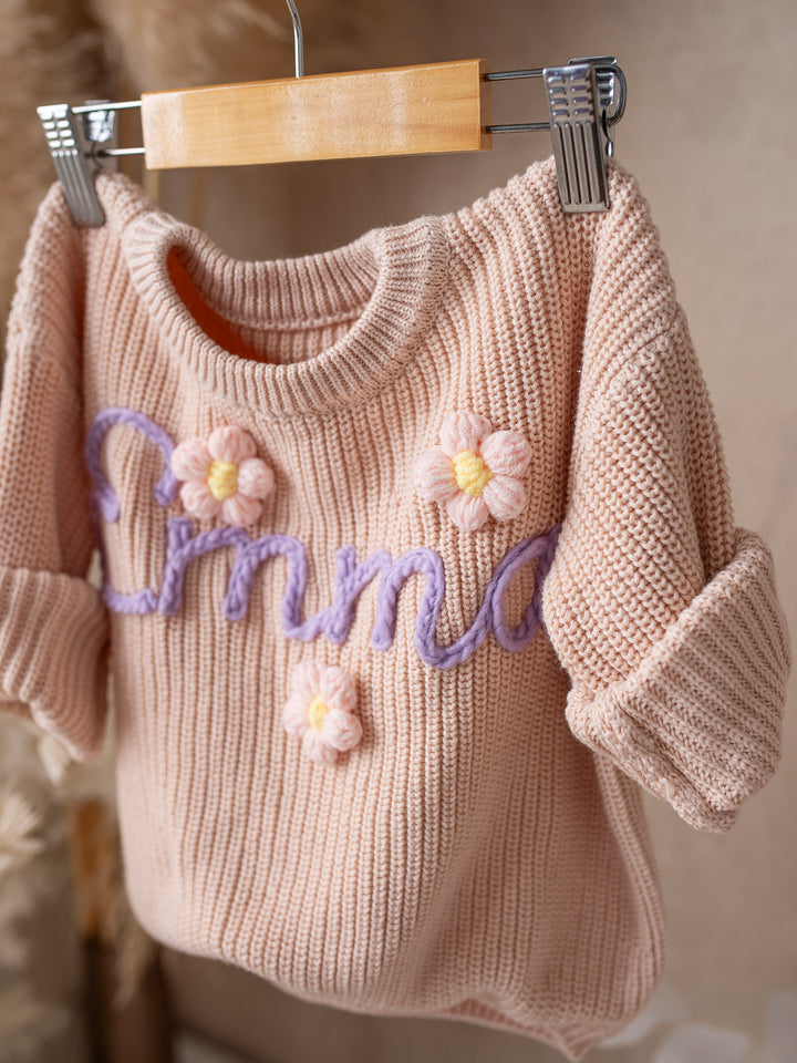 Written in Thread Sweater with Flowers - Nude