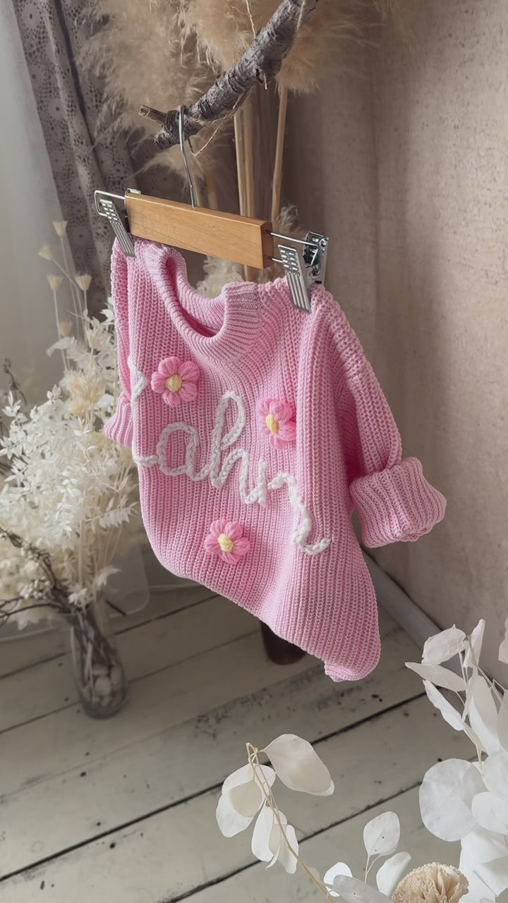 Written in Thread Sweater with Flowers - Baby Pink